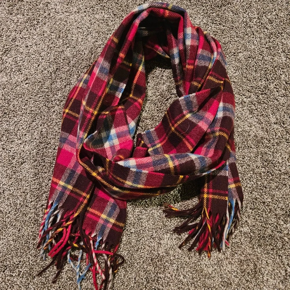 J.Crew Abraham Moon Plaid Scarf Burgundy Merino Wool Fringe Preppy British